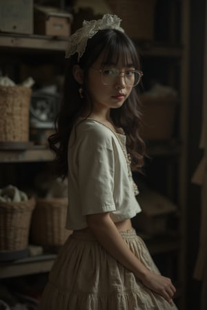 A dimly lit old storage room, lit only by a faint, dusty glow. A young girl with round face and subtle blush sits in front of a cluttered shelf, her pleated skirt rustling as she leans forward. Her eyes droop slightly, but her gaze is fixed on the intricate weaving pattern forming around her. She wears thin, transparent ribbons tied in her hair, and fashionable glasses perched on the end of her nose. With one hand, she grasps a section of her own backside, as if trying to tame an unruly fabric. The atmosphere is intimate, with shadows dancing across the walls, realistic