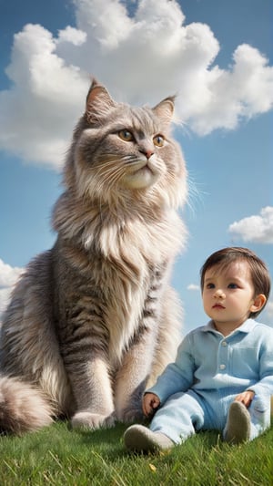 A multicolor giant cat with fluffy fur sitting on the grass, next to it sits an adorable babyboy (((looking at viewer))) . The blue sky has white clouds. In the style of hyper-realistic, high definition photography, movie stills, children's book illustrations, colorful animation stills, hyperrealistic details depict childlike innocence