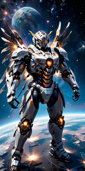 Futuristic power armor (robot) with mecha theme, metallic wing-like ion jetpack booster, spooky robot, floating in outer space galaxy, dynamic pose, armored cape, armor pants 