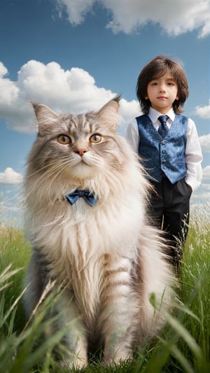A cute little boy wearing a white vest and tie sitting on the back of an extremely large longhaired cat, standing in tall grass under a blue sky with clouds. The photo has the style of commercial photography, using real photos with super details, movie lighting effects, and natural light. It has fine gloss, depth of field, 3D rendering, high resolution and best quality, high definition