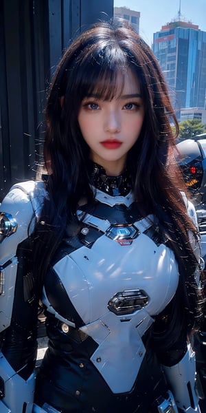 Best picture quality, high resolution, 8k, realistic, sharp focus, realistic image of elegant lady, Korean beauty, supermodel, pure white hair, blue eyes, wearing high-tech cyberpunk style blue Batgirl suit, radiant Glow, sparkling suit, mecha, perfectly customized high-tech suit, ice theme, custom design, 1 girl,mecha