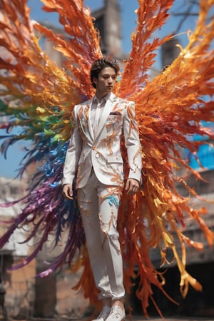 Create an image of a young man wearing a suit, featuring vibrant, crystal  wings extending from his back. Random movement The background should be plain white, emphasizing the contrast and detailing of the beauty wings and the sharpness of the suit. The man should appear poised and elegant, with the wings unfurled to showcase a spectrum of vivid hues, blending seamlessly from one color to another. The focus should be on the meticulous details of the wings’ feathers and the suit’s fabric, capturing a harmonious blend of natural and refined elements, wings,Stylish, close up,l3min,xxmixgirl,fire element,wings