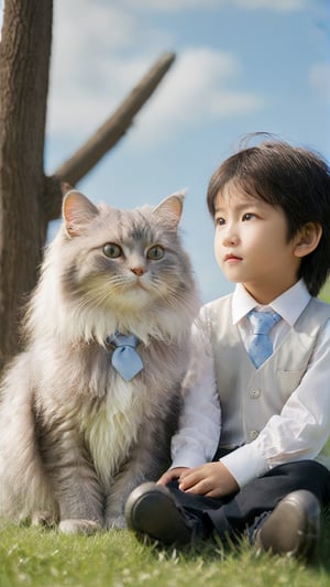 A cute silver longhaired cat, wearing white vest and tie, sitting on the grass with an Asian little boy in front of it. The background is blue sky and white clouds, with a dreamy atmosphere. High definition photography style, natural light, soft tones, medium focus lens, high resolution. A joyful expression,glitter