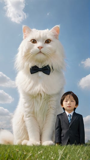 Realistic photo of a huge longhaired white cat with brown eyes sitting on the grass in front of a little shot haircut Asian boy wearing a suit and tie. The photo has a blue sky background with clouds and uses natural light, with super detailed photography in the style of movie lighting effects and bright colors. It is a full body portrait