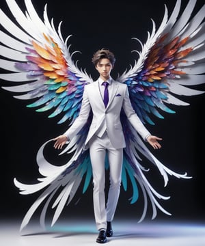 Create an image of a young man wearing a suit, featuring vibrant, crystal giant wings extending from his back. Random movement The background should be plain white, emphasizing the contrast and detailing of the beauty wings and the sharpness of the suit. The man should appear poised and elegant, with the wings unfurled to showcase a spectrum of vivid hues, blending seamlessly from one color to another. In style of anime. The focus should be on the meticulous details of the wings’ feathers and the suit’s fabric, capturing a harmonious blend of natural and refined elements, wings,Stylish,ink ,3D MODEL