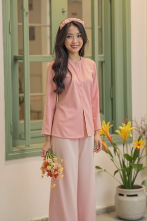 The photo features a young, graceful woman standing in front of a traditionally styled house. She is wearing a modernized red áo dài, paired with white trousers, creating an elegant and refined look. She holds a bouquet of flowers in her hand and is smiling brightly. Beside her, there is a potted plant with vibrant yellow and red flowers, enhancing the overall beauty of the scene. Her long black hair is adorned with a headband that matches her outfit, adding harmony to her attire. The photo evokes a sense of peace, simplicity, and the graceful charm of a Vietnamese woman in traditional dress, aobaba