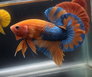 ,betta hmpk,realistic,animal focus, still life, multicolor, big tail,(best quality,realistic,high quality),, ultra realistic,32k,RAW photo,(high detailed skin:1.2), 8k uhd, dslr, high quality, film grain,water,betta fish,Fish scales are clear and balanced