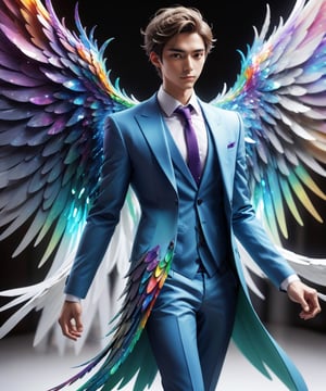 Create an image of a young man wearing a suit, featuring vibrant, crystal giant wings extending from his back. Random movement The background should be plain white, emphasizing the contrast and detailing of the beauty wings and the sharpness of the suit. The man should appear poised and elegant, with the wings unfurled to showcase a spectrum of vivid hues, blending seamlessly from one color to another. In style of cartoon and manga. The focus should be on the meticulous details of the wings’ feathers and the suit’s fabric, capturing a harmonious blend of natural and refined elements, wings,Stylish,ink ,3D MODEL