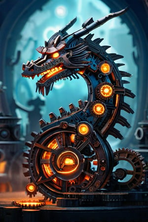 A chinese dragon ,made from gears rusted metal, and glowing parts. The chinese dragon's body is an intricate assembly of interlocking gears and corroded metal plates, giving it a rugged, industrial appearance. Its eyes and certain joints feature glowing, luminescent elements that pulse with an eerie light. The background is a dark, misty landscape with hints of ancient ruins, enhancing the mythical and mechanical nature of this fantastical creature,adding to the steampunk atmosphere.",Mechanical

,Gao Hunter