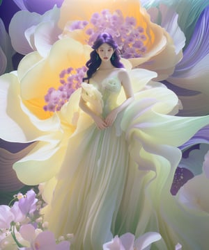 fullbody, photo of woman standing in front of a beauty purple giant's flower, portrait, in the style of realistic hyper-detailed rendering, white and emerald, flowing fabrics, detailed character illustrations, light orange and beige, dark white and light emerald, 32k uhd, whimsical florals, majismo, lienhoa,Bomi,photorealistic