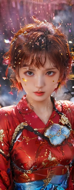 1girl, star eye, blush, perfect illumination, caramel hair styled as short hair, bright red hair, red eyes, dressed in red kimono outfit with outer golden chest armor made from machine, spraying water droplets in all directions, Gorgeous, unreal engine 5, sidelighting, detailed face, bangs, bright skin, starry nebula background, Sharp glossy focus, equirectangular 360, Highres 8k, ultra detailed, aesthetic, masterpiece, best quality, photorealistic, kinetic move effect, colorful,