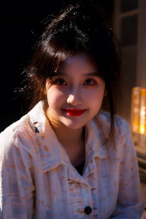 Best quality, masterpiece, ultra high res, (photorealistic:1.4), raw photo, big breasts, in the dark, deep shadow,1girl, korean, bright skin tone, upper body, slim petite body, small breast, volumetric lighting, medium messy hairstyle, beautiful bangs, hairpins, lipgloss, nose contour, light shade blush, cute smile, Trench coat, boots, city background, seductive pose,@imageized. 