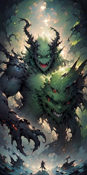 Generate hyper realistic image of a monstrous guardian with an open mouth, revealing sharp teeth. The focus is on a male goblin, his intense green eyes piercing through the darkness. Pointy ears and colored skin give him a monstrous appearance. The theme is horror, and the scene portrays the creature in a fierce and intimidating manner.