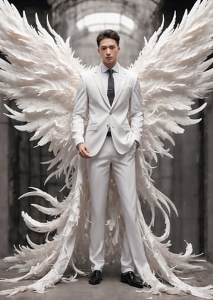 Create an image of a young man wearing a suit, featuring vibrant, white wings extending from his back. Random movement The background should be plain white, emphasizing the contrast and detailing of the beauty wings and the sharpness of the suit. The man should appear poised and elegant, with the wings unfurled to showcase a spectrum of vivid hues, blending seamlessly from one color to another. The focus should be on the meticulous details of the wings’ feathers and the suit’s fabric, capturing a harmonious blend of natural and refined elements, wings,Stylish, close up,l3min,xxmixgirl