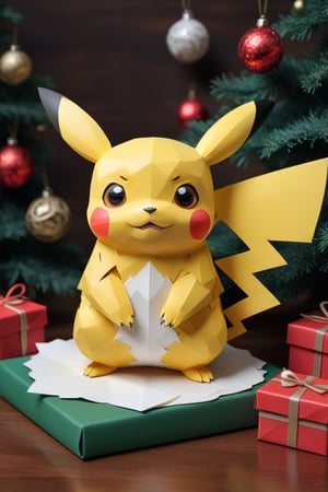 A pikachu in the PaperCutout style , Very detailed, clean, high quality, sharp image, Christmas theme
