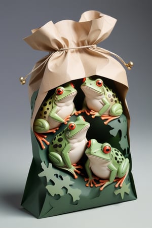 A bag of frogs in the PaperCutout style , Very detailed, clean, high quality, sharp image, Christmas theme
