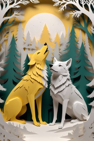 A canary and wolf in the PaperCutout style , Very detailed, clean, high quality, sharp image, Christmas theme