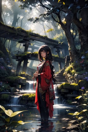 Painting: An enchanting artwork portraying a 20 year old woman wearing colourful white, green and magenta silk, standing at the edge of a mystical forest pool, a waterfall behind her, surrounded by over hanging trees , afternoon light shining through the tree, midjourney