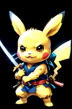 A determined chibi samurai or ninja pikachu, with a katana drawn or any other samurai or ninja weapons, ready to take on any challenge. Rendered in an anime style, with a dynamic pose and a bright color scheme. Perfect for a t-shirt design. black background