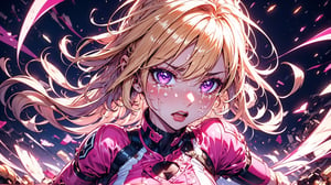 blond woman, rage, frenzy, fury, energy, crying, power, force, vigor, aura, Blonde hair, violet eyes, tight pink outfit, 8K, High quality, Masterpiece, Best quality, HD, Extremely detailed, voluminetric lighting, 