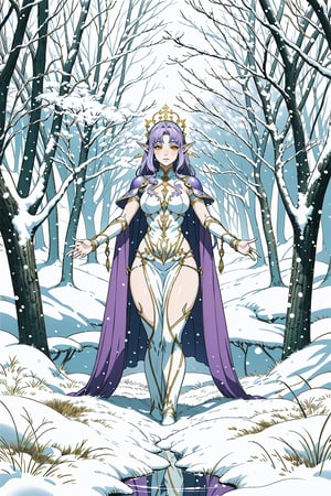 ((Plant armor)),Nature Elf, adorned with luxuriant purple Hair, a vibrant reflection of the enchanting Magic Plants that flourish in the Heavenly winter Forest. Captivating Yellow Eyes mirror the wisdom and radiance of celestial flora, while Ivory Skin carries the purity of divine realms. The elf's Curvy Body embodies the organic elegance found in this ethereal winter forest, where each step reverberates with the magical pulse of nature. Envision this Nature Elf approaches you, reaching out to you, her presence enhancing their otherworldly glow. The background, a resplendent Heavenly winter Forest bathed in soft, celestial light, reflected from the snow captures the ethereal beauty of a realm where nature and magic intertwine seamlessly. This Nature Elf thrives in the embrace of the heavenly groves, where the symphony of celestial breezes,falling snowflakes, creates a haven of enchantment and divine beauty.,More Detail,line anime