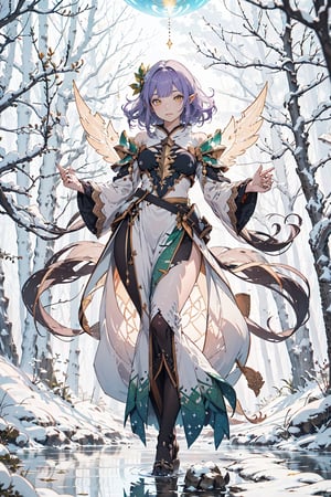 ((Plant armor)),Nature Elf, adorned with luxuriant purple Hair, a vibrant reflection of the enchanting Magic winter scenery that flourish in the Heavenly winter Forest. Captivating Yellow Eyes mirror the wisdom and radiance of celestial flora, while Ivory Skin carries the purity of divine realms. The elf's Curvy Body embodies the organic elegance found in this ethereal winter forest, where each step reverberates with the magical pulse of nature. Envision this Nature Elf approaches you, reaching out to you, her presence enhancing their otherworldly glow. The background, a resplendent Heavenly winter Forest bathed in soft, celestial light, reflected from the snow captures the ethereal beauty of a realm where nature and magic intertwine seamlessly. This Nature Elf thrives in the embrace of the heavenly groves, where the symphony of celestial breezes,falling snowflakes, creates a haven of enchantment and divine beauty.,More Detail,ARISTYLE4,line anime