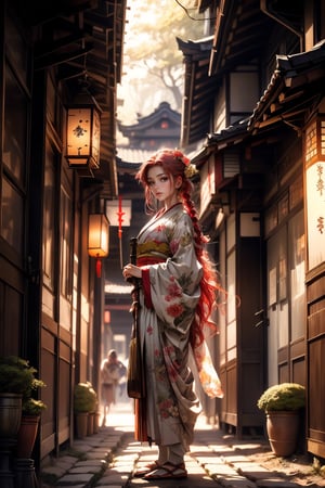 Painting: An enchanting artwork portraying a 20 year old woman, red hair in braids, wearing a colourful green and gold silk kimono, samuri swords at her side, standing at the gateway to a rural japanese village, small rural houses behind her, afternoon light shiningfrom one side, midjourney