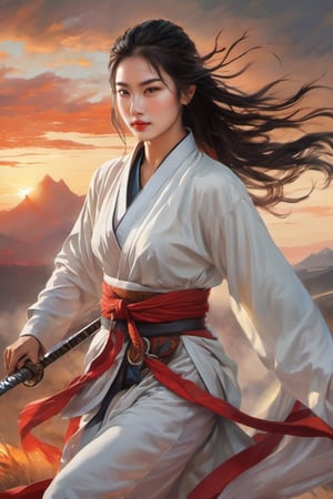 A young woman with fiery eyes and determined smile, dressed in a flowing warrior's robe, her hair braided back in a fierce warrior's knot. In one hand, she clutches a gleaming sword, while the other grasps the reins of a majestic white horse, charging across a battlefield under a dramatic sunset sky,LinkGirl,chinese ink drawing