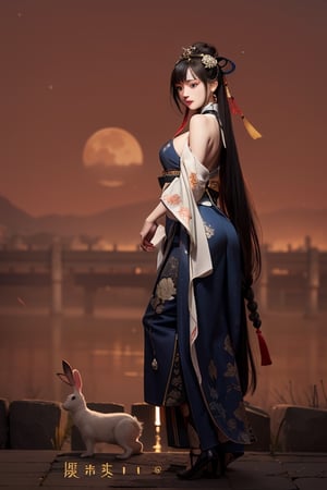 a young East Asian woman as a martial artist. She should be depicted with a poised and confident stance, embodying the strength and elegance of a warrior. Her hairstyle is a long, intricately braided ponytail, typical of historical Chinese heroines, adorned with classic silver hairpins and jade accessories. Her attire is a realistic and detailed hanfu, with flowing white and blue fabrics, decorated with embroidery that represents ancient Chinese symbolism, such as lotus flowers and Yin-Yang motifs. The fabric should have a texture that reflects the quality of silk brocade. The character should be accompanied by a creature resembling a rabbit. The background should be a ((stone bridge)), ((willow trees)), ((full moon))and distant mountains shrouded in mist, art,martial,mulan,gu,wgz_style,Young beauty spirit ,Chinese style