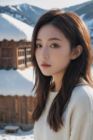 xxmixgirl, 1girl, busty slender Korean girl K-pop idol, long hair, instagram model, 50mm, photography, real life, cute face, outdoor, snowy mountains background, perfect brests and body, no_clothes,