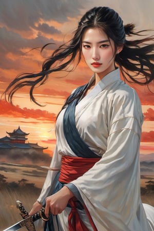 A young woman with fiery eyes and determined smile, dressed in a flowing warrior's robe, her hair braided back in a fierce warrior's knot. In one hand, she clutches a gleaming sword, while the other grasps the reins of a majestic white horse, charging across a battlefield under a dramatic sunset sky,LinkGirl,chinese ink drawing