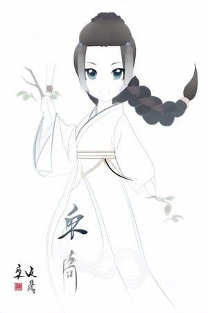 a young East Asian woman as a martial artist. She should be depicted with a poised and confident stance, embodying the strength and elegance of a warrior. Her hairstyle is a long, intricately braided ponytail, typical of historical Chinese heroines, adorned with classic silver hairpins and jade accessories. Her attire is a realistic and detailed hanfu, with flowing white and blue fabrics, decorated with embroidery that represents ancient Chinese symbolism, such as lotus flowers and Yin-Yang motifs. The fabric should have a texture that reflects the quality of silk brocade. The character should be accompanied by a creature resembling a mythical jade rabbit, reimagined to fit into the realistic setting. The background should be a tranquil scene with elements like a stone bridge over a koi pond, willow trees, and distant mountains shrouded in mist. Emphasize the 'guofeng' style in every aspect of the image, from the clothing patterns to the natural scenery, ensuring the final image resonates with the depth and beauty of traditional Chinese art.