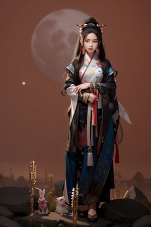a young East Asian woman as a martial artist. She should be depicted with a poised and confident stance, embodying the strength and elegance of a warrior. Her hairstyle is a long, intricately braided ponytail, typical of historical Chinese heroines, adorned with classic silver hairpins and jade accessories. Her attire is a realistic and detailed hanfu, with flowing white and blue fabrics, decorated with embroidery that represents ancient Chinese symbolism, such as lotus flowers and Yin-Yang motifs. The fabric should have a texture that reflects the quality of silk brocade. The character should be accompanied by a creature resembling a rabbit. The background should be a ((stone bridge)), ((willow trees)), ((full moon))and distant mountains shrouded in mist, art,martial,mulan,gu,wgz_style,Young beauty spirit ,Chinese style