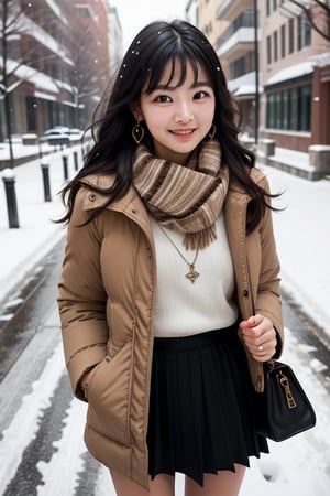 Beautiful and delicate light, (beautiful and delicate eyes), pale skin, big smile, (brown eyes), (black long hair), dreamy, medium chest, woman 1, (front shot), Korean girl, bangs, soft expression, height 170, elegance, bright smile, 8k art photo, realistic concept art, realistic, portrait, necklace, small earrings, handbag, fantasy, jewelry, shyness, skirt, winter parka, scarf, snowy street, footprints,