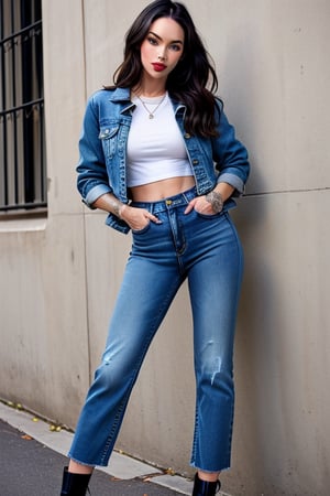 beautiful face, hot red lips, wearing cropped denim jacket and tight levis jeans in light blue color,blackbootsnjeans,Sexy Pose,Megan fox 