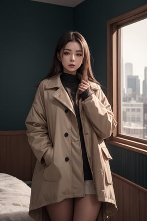 A woman, window background,Wearing an oversized coat

,8k,pov