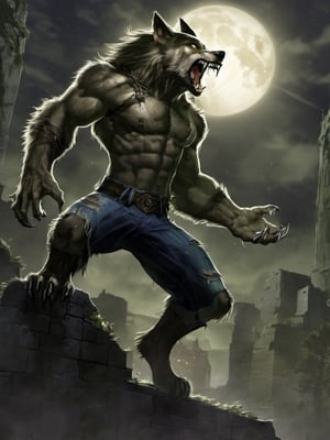 A werewolf, wearing jeans, stands tall in an abandoned haunted lost city, facing the enemy, attacking with claws, tearing, and the moonlight highlights your muscles and scars. The scenery is lush and mysterious, with a dark city and surrounding environment.