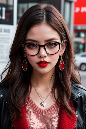 newspaper wall, glasses, parted lips, looking over eyewear,  black jacket, jewelry, long hair, jacket, red shirt, solo, upper body, brown hair, 1girl, necklace, earrings, red sweater, looking at viewer, red-tinted eyewear, sweater, red jacket, red lips ,Crazy face ,glitter,YAMATO,guweiz style, sexy