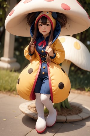 A woman wearing a mushroom doll costume,1 girl