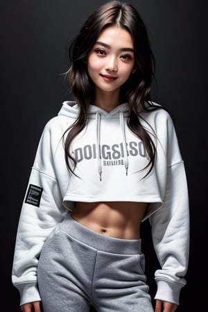 4k,best quality,masterpiece,20yo 1girl,(cropped sweatshirt),(demin pant), alluring smile, open hoodie,

(Beautiful and detailed eyes),
Detailed face, detailed eyes, double eyelids ,thin face, real hands, muscular fit body, semi visible abs, ((short hair with long locks:1.2)), black hair, black background,


real person, color splash style photo,
