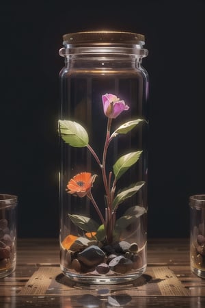 Art in glass, there are all kinds of flowers in the glass, no human beings, leaves, plants, flowers of various colors, glowing small light spots, still life, professional photography, ultra-high definition,