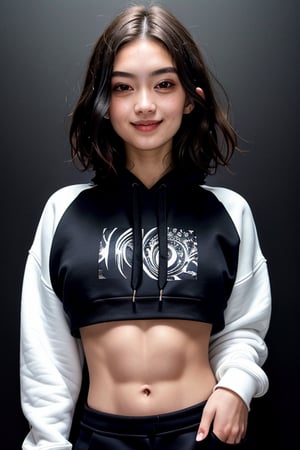 4k,best quality,masterpiece,20yo 1girl,(cropped sweatshirt),(demin pant), alluring smile, open hoodie,

(Beautiful and detailed eyes),
Detailed face, detailed eyes, double eyelids ,thin face, real hands, muscular fit body, semi visible abs, ((short hair with long locks:1.2)), black hair, black background,


real person, color splash style photo,
