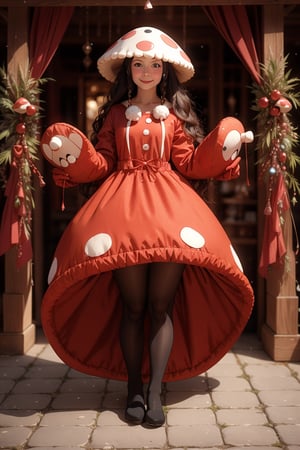 A woman wearing a mushroom doll costume,1 girl