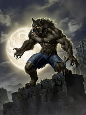 A werewolf, wearing jeans, stands tall in an abandoned haunted lost city, facing the enemy, attacking with claws, tearing, and the moonlight highlights your muscles and scars. The scenery is lush and mysterious, with a dark city and surrounding environment.