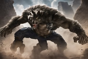 A werewolf, wearing jeans, stands tall in an abandoned haunted lost city, facing the enemy, attacking with claws, tearing, and the moonlight highlights your muscles and scars. The scenery is lush and mysterious, with a dark city and surrounding environment.,action shot