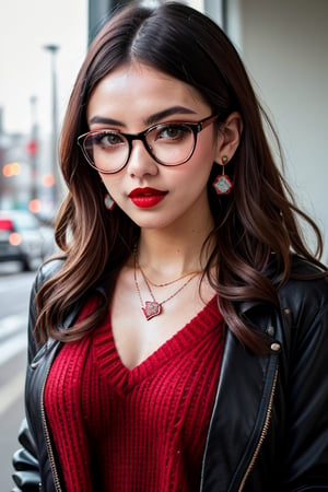 newspaper wall, glasses, parted lips, looking over eyewear,  black jacket, jewelry, long hair, jacket, red shirt, solo, upper body, brown hair, 1girl, necklace, earrings, red sweater, looking at viewer, red-tinted eyewear, sweater, red jacket, red lips ,Crazy face ,glitter,YAMATO,guweiz style, sexy