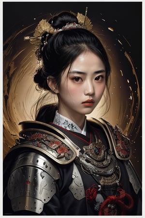 physically-based rendering, portrait, ultra-fine painting, extreme detail description, Akira Kurosawa's movie-style poster features a full-body shot of a 28-year-old girl, embodying the samurai spirit of Japan's Warring States Period, An enigmatic female samurai warrior, clad in ornate armor , This striking depiction, seemingly bursting with unspoken power, illustrates a fierce and formidable female warrior in the midst of battle. The image, likely a detailed painting, showcases the intensity of the female samurai's gaze and the intricate craftsmanship of his armor. Each intricately depicted detail mesmerizes the viewer, immersing them in the extraordinary skill and artistry captured in this remarkable 