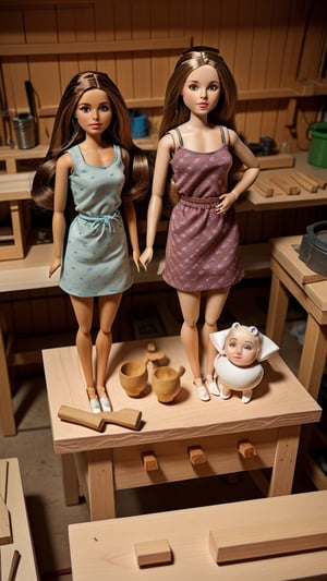 Female ceramic dolls with various patterns are quiet on the table in the woodworking studio.,photorealistic