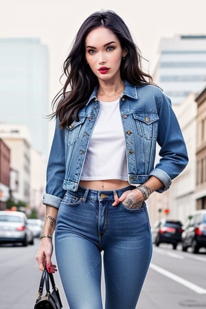 beautiful face, hot red lips, wearing cropped denim jacket and tight levis jeans in light blue color,blackbootsnjeans,Sexy Pose,Megan fox 