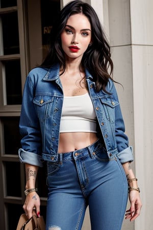 beautiful face, hot red lips, wearing cropped denim jacket and tight levis jeans in light blue color,blackbootsnjeans,Sexy Pose,Megan fox 